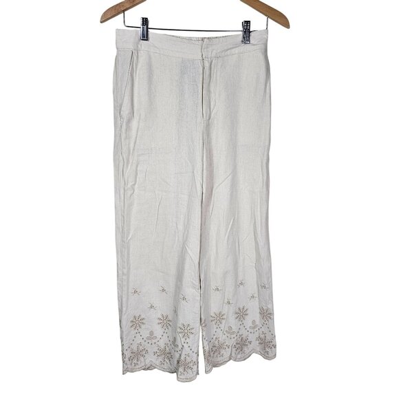 Tahari Linen Blend Embroidered Wide Leg Pants S Cream Scalloped Cropped Coastal - Picture 1 of 10